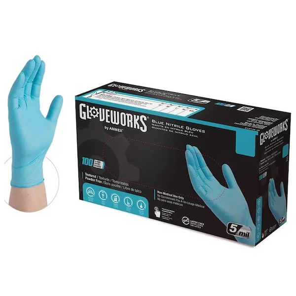 Gloveworks By Ammex INPF, Disposable Gloves, 5 mil Palm, Nitrile, Powder-Free, M, 100 PK, Blue INPF44100 - main